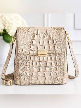 Brahmin Seashell Croc Embossed Leather Crossbody Bucket Bag coastal old money